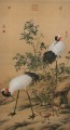 花の中で輝く鶴をラング古い中国のインク ジュゼッペ カスティリオーネの鳥